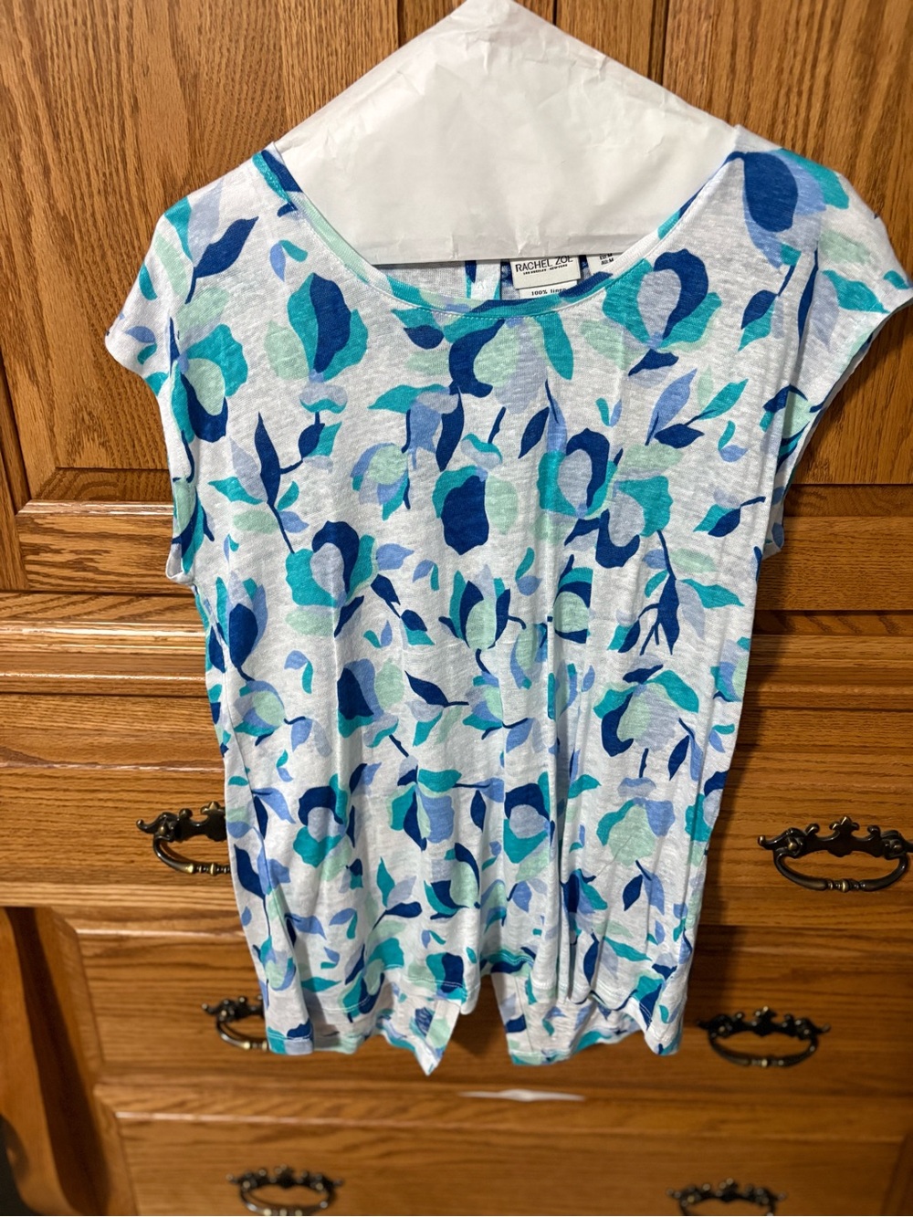 Rachel Zoe Blue Aqua Linen Floral Scoop Neck Short Sleeve Tee